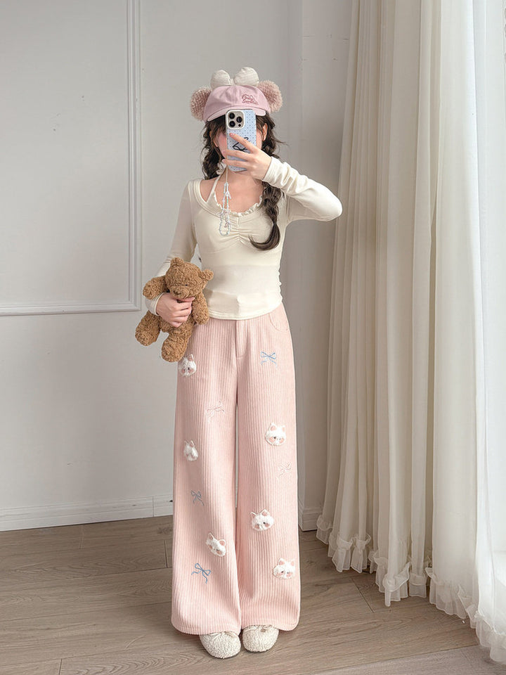 Plush Cat and Bow Ribbed Pants
