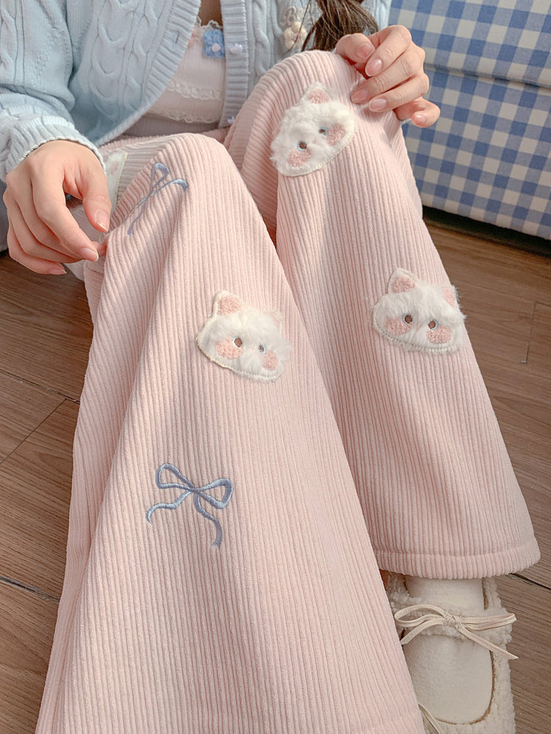 Plush Cat and Bow Ribbed Pants