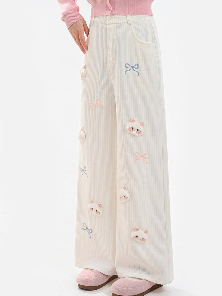 Plush Cat and Bow Ribbed Pants