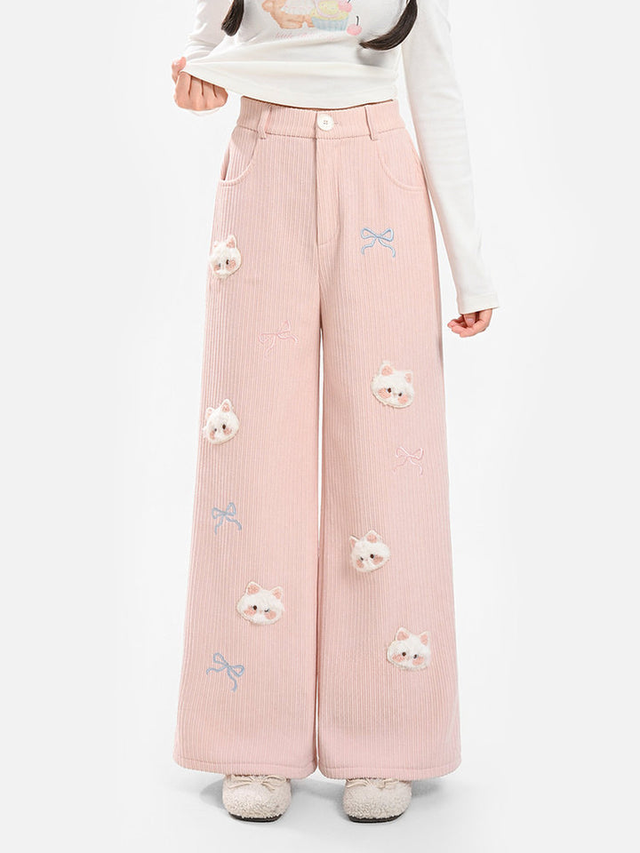 Plush Cat and Bow Ribbed Pants
