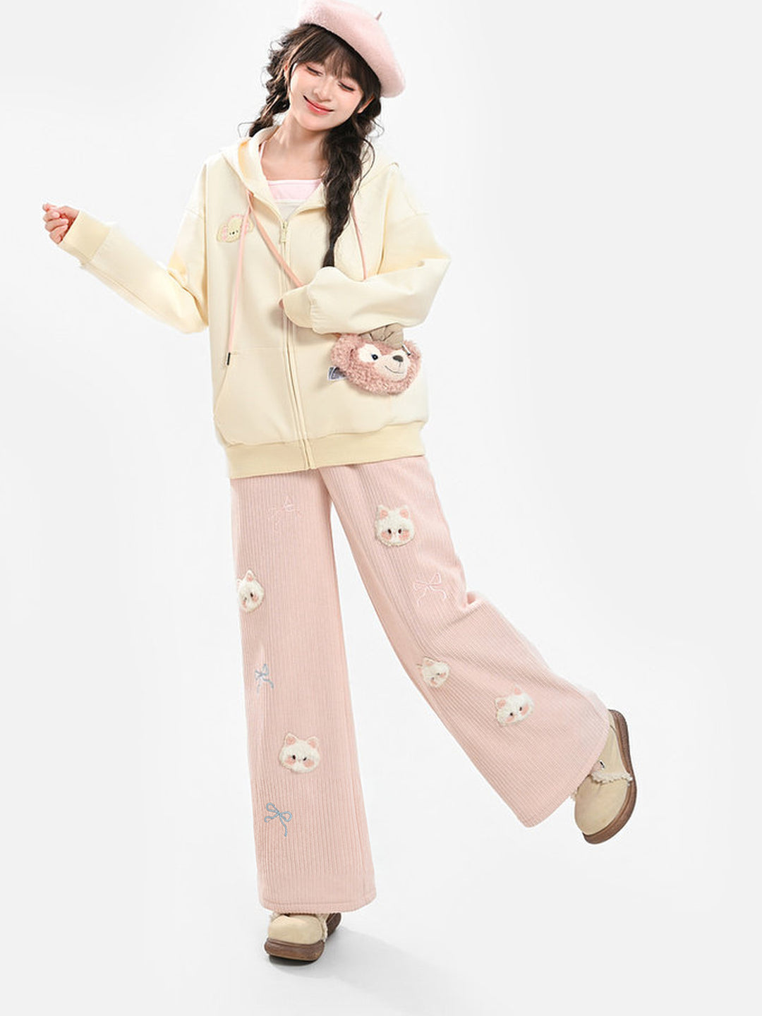 Plush Cat and Bow Ribbed Pants