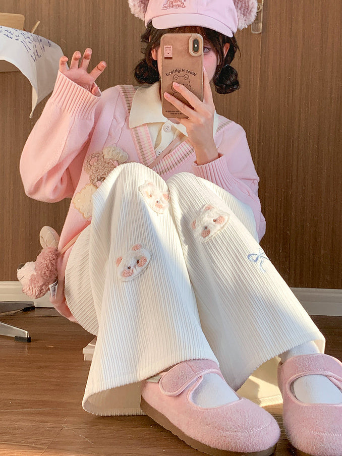 Plush Cat and Bow Ribbed Pants