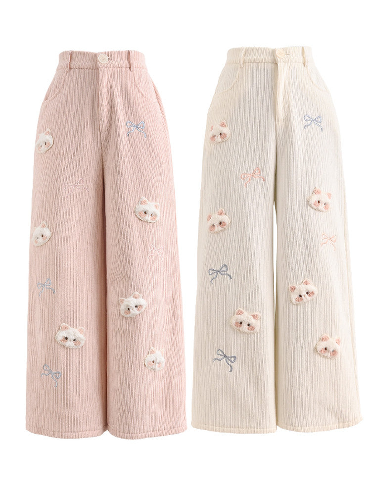 Plush Cat and Bow Ribbed Pants