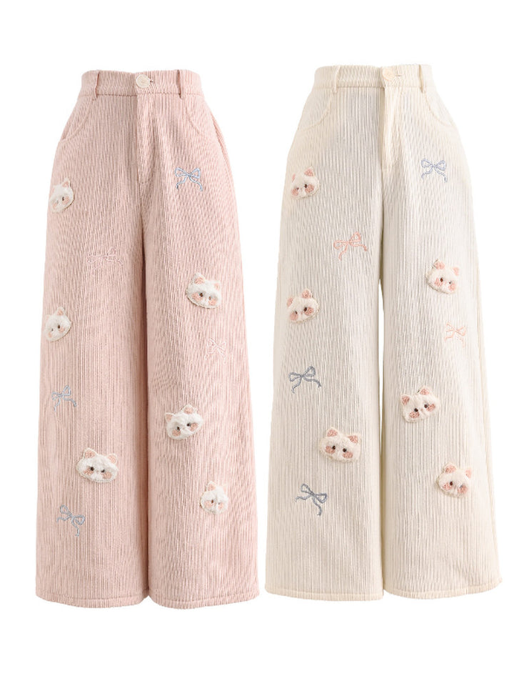 Plush Cat and Bow Ribbed Pants