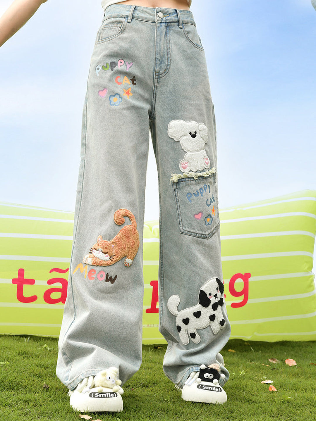 Kawaii Animal Appliqué Wide Leg Jeans