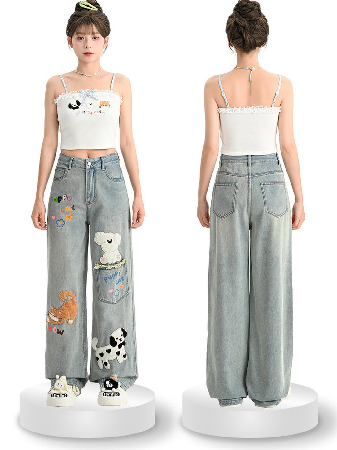 Kawaii Animal Appliqué Wide Leg Jeans