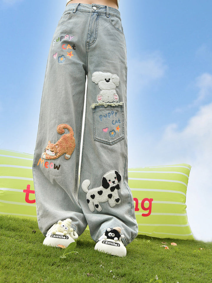 Kawaii Animal Appliqué Wide Leg Jeans