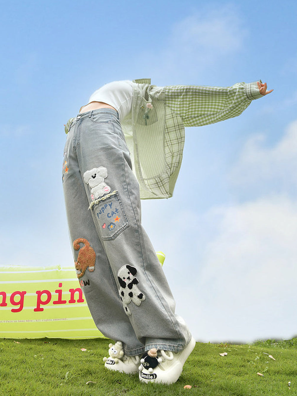 Kawaii Animal Appliqué Wide Leg Jeans