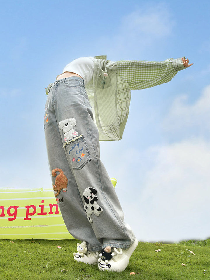 Kawaii Animal Appliqué Wide Leg Jeans