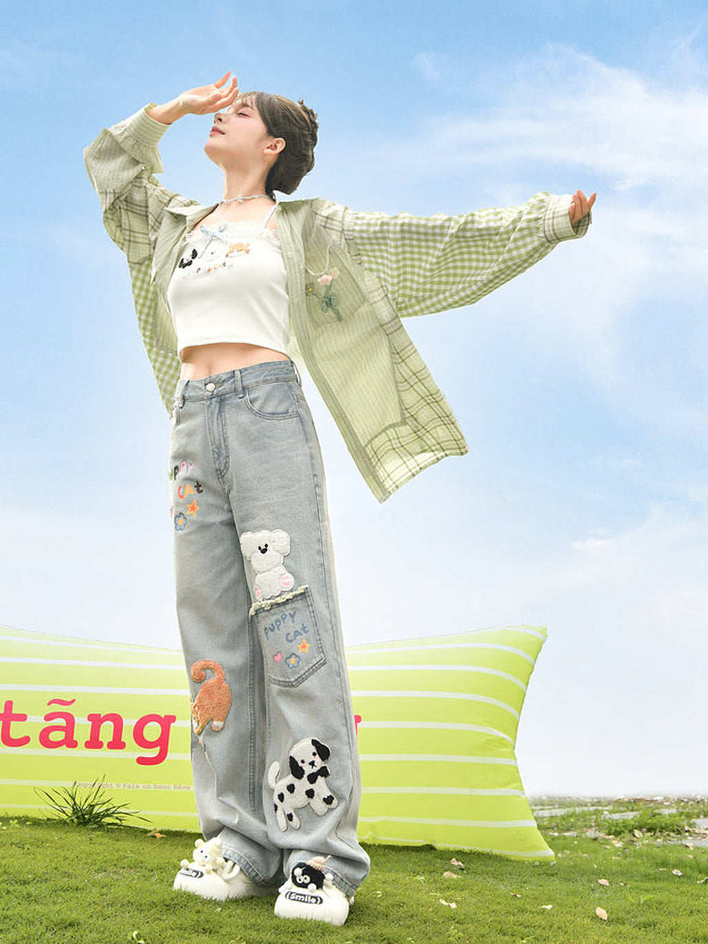 Kawaii Animal Appliqué Wide Leg Jeans