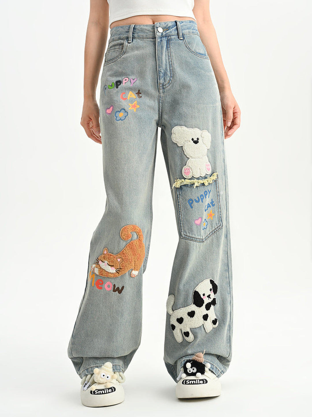 Kawaii Animal Appliqué Wide Leg Jeans