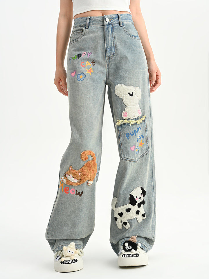 Kawaii Animal Appliqué Wide Leg Jeans