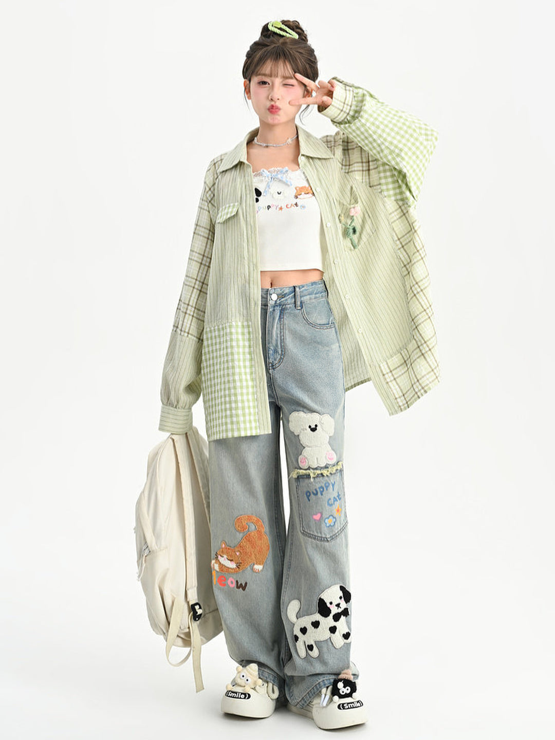 Kawaii Animal Appliqué Wide Leg Jeans