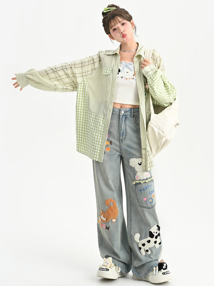 Kawaii Animal Appliqué Wide Leg Jeans