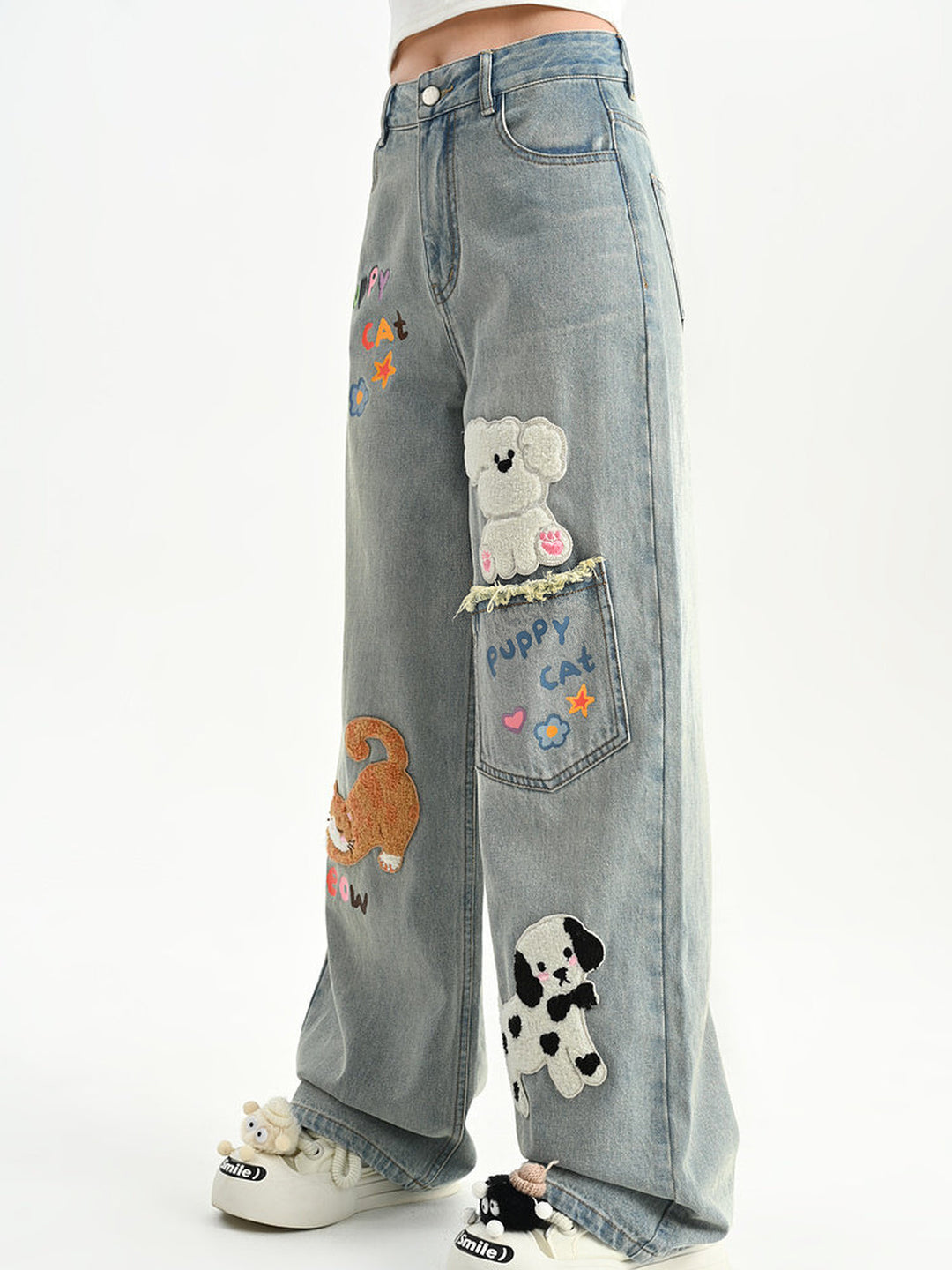 Kawaii Animal Appliqué Wide Leg Jeans