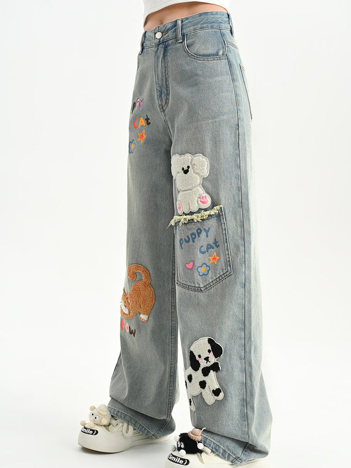 Kawaii Animal Appliqué Wide Leg Jeans