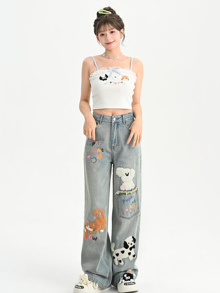 Kawaii Animal Appliqué Wide Leg Jeans