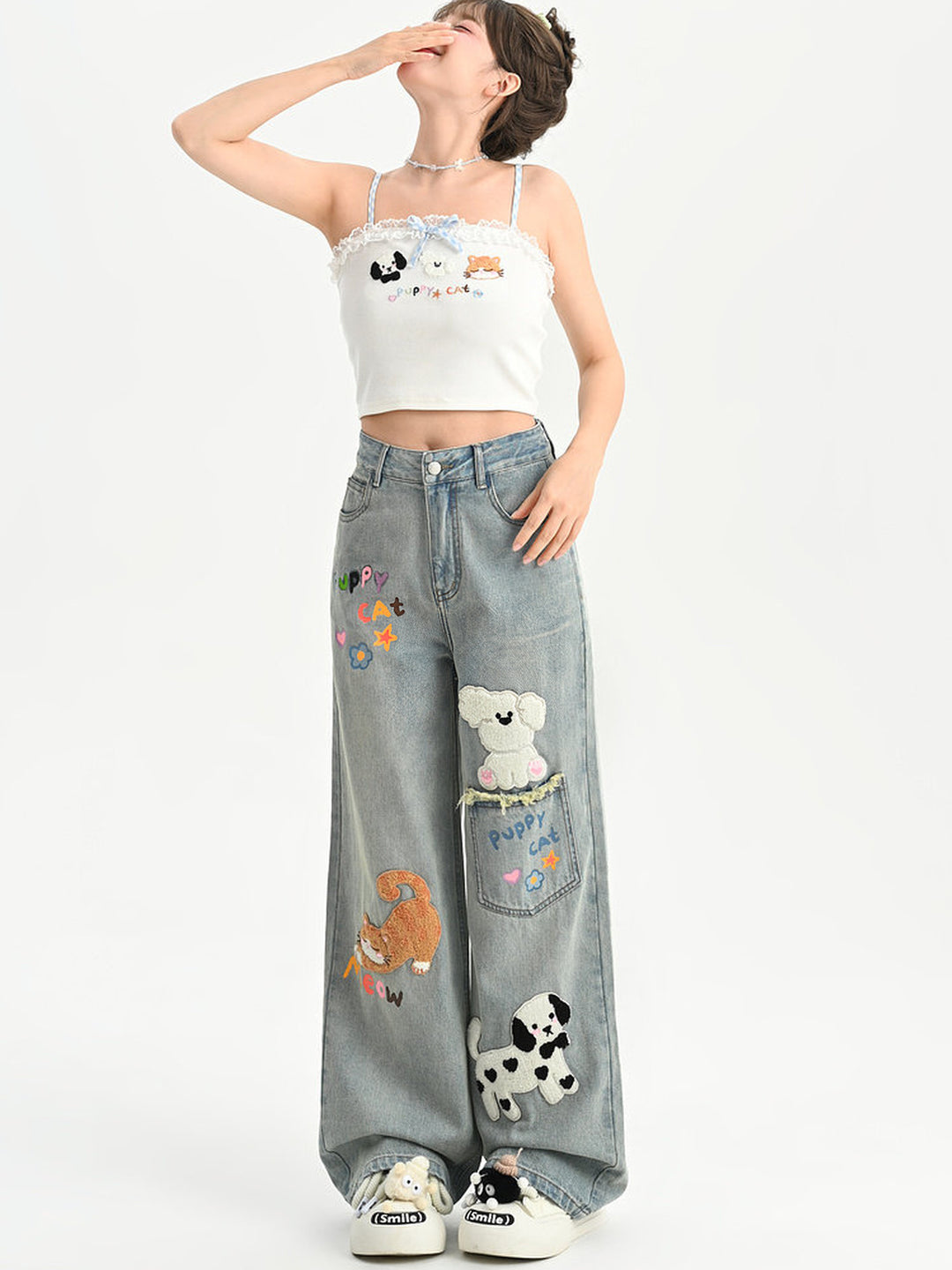 Kawaii Animal Appliqué Wide Leg Jeans