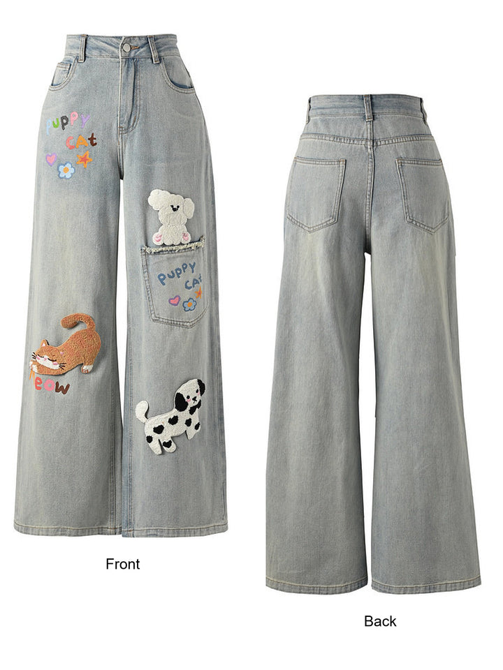 Kawaii Animal Appliqué Wide Leg Jeans
