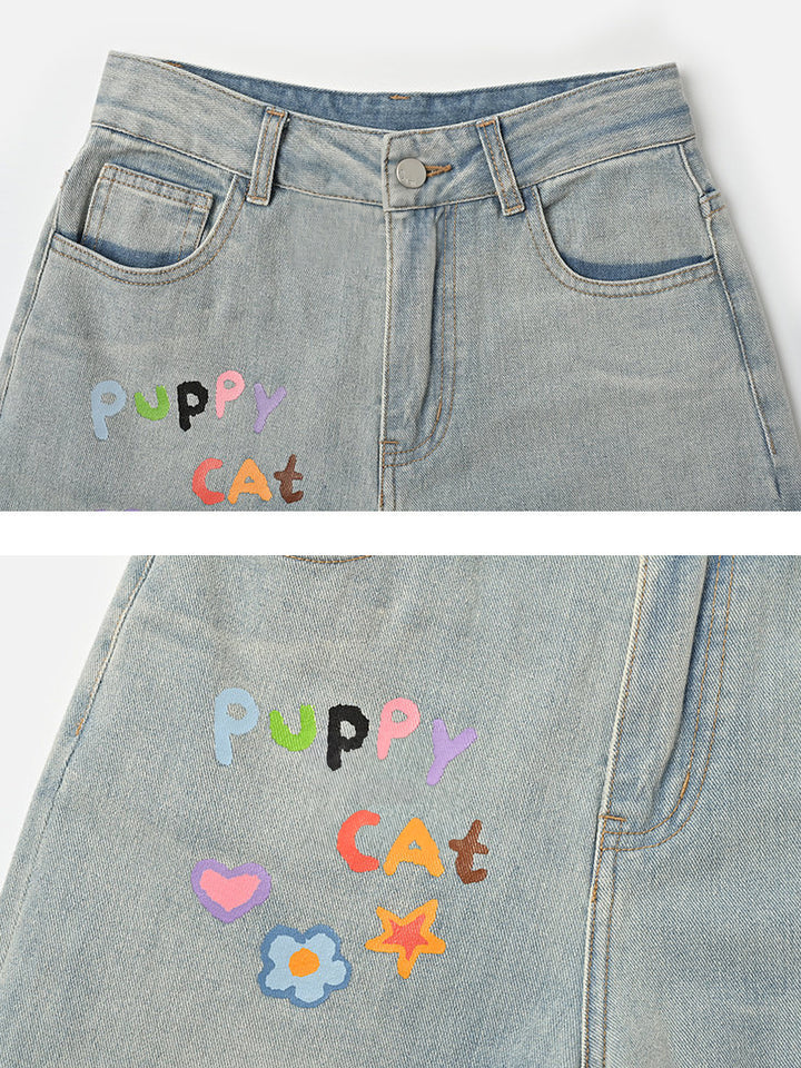 Kawaii Animal Appliqué Wide Leg Jeans