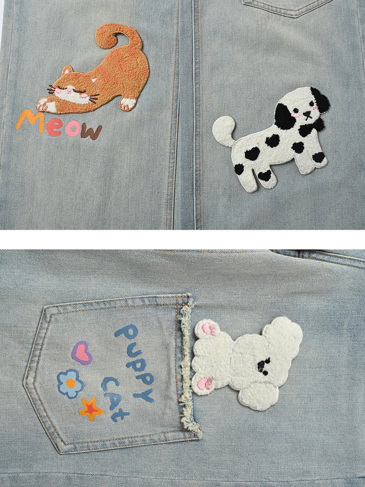 Kawaii Animal Appliqué Wide Leg Jeans