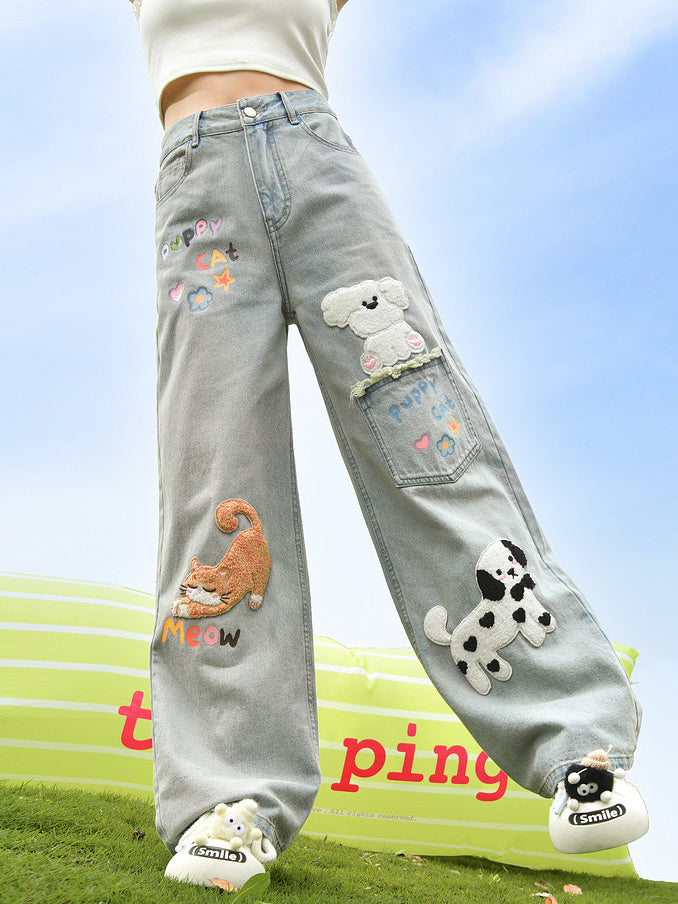Kawaii Animal Appliqué Wide Leg Jeans