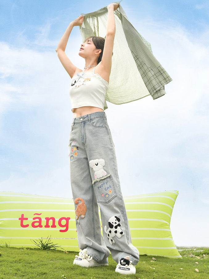 Kawaii Animal Appliqué Wide Leg Jeans