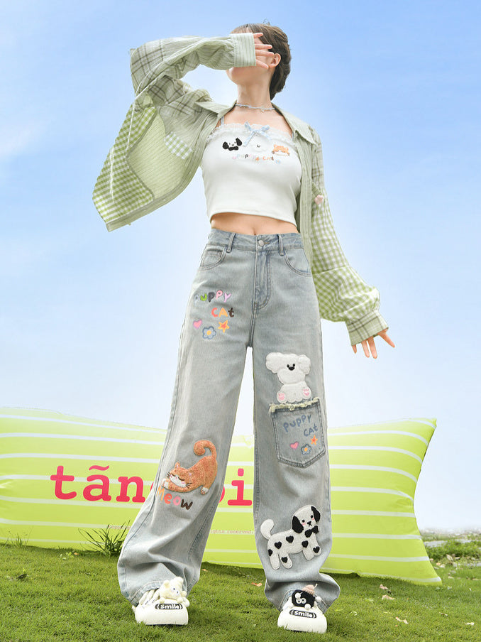 Kawaii Animal Appliqué Wide Leg Jeans