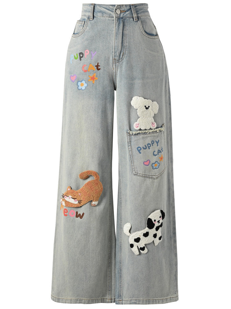 Kawaii Animal Appliqué Wide Leg Jeans