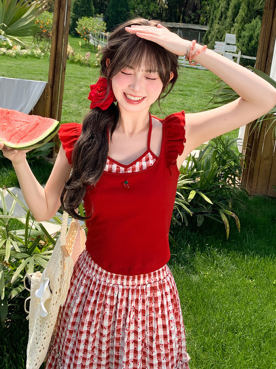 Cherry Plaid Ruffle Tank Top