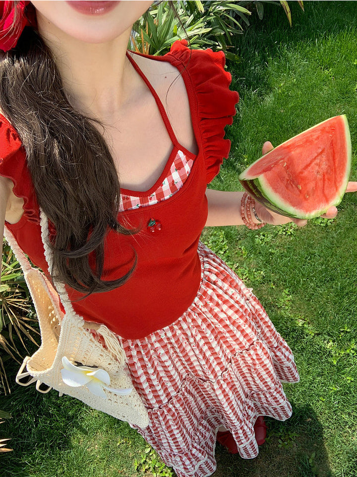 Cherry Plaid Ruffle Tank Top