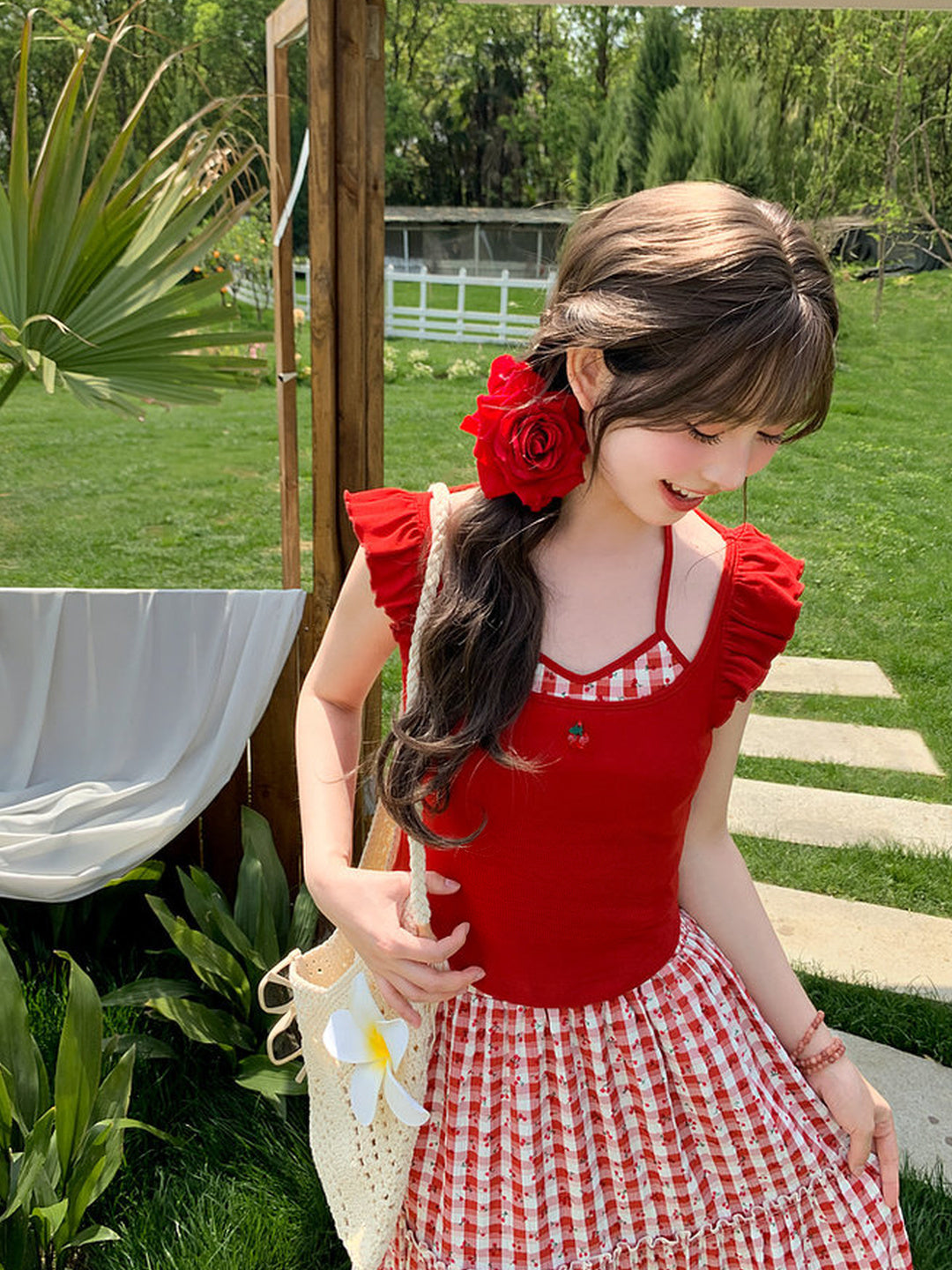 Cherry Plaid Ruffle Tank Top