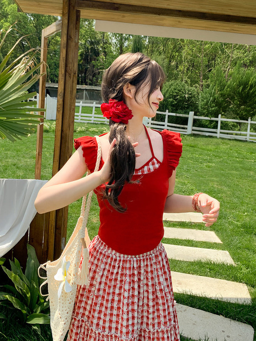 Cherry Plaid Ruffle Tank Top