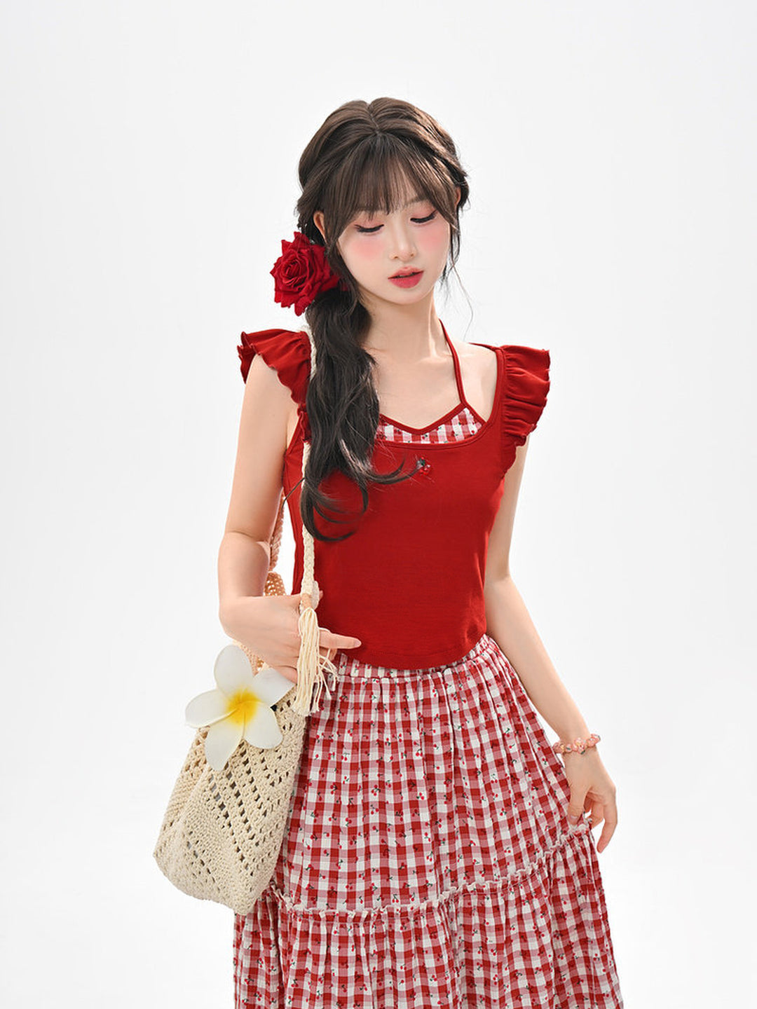 Cherry Plaid Ruffle Tank Top