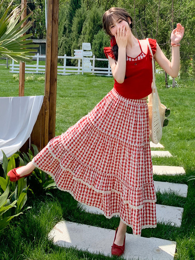 Cherry Plaid Ruffle Tank Top