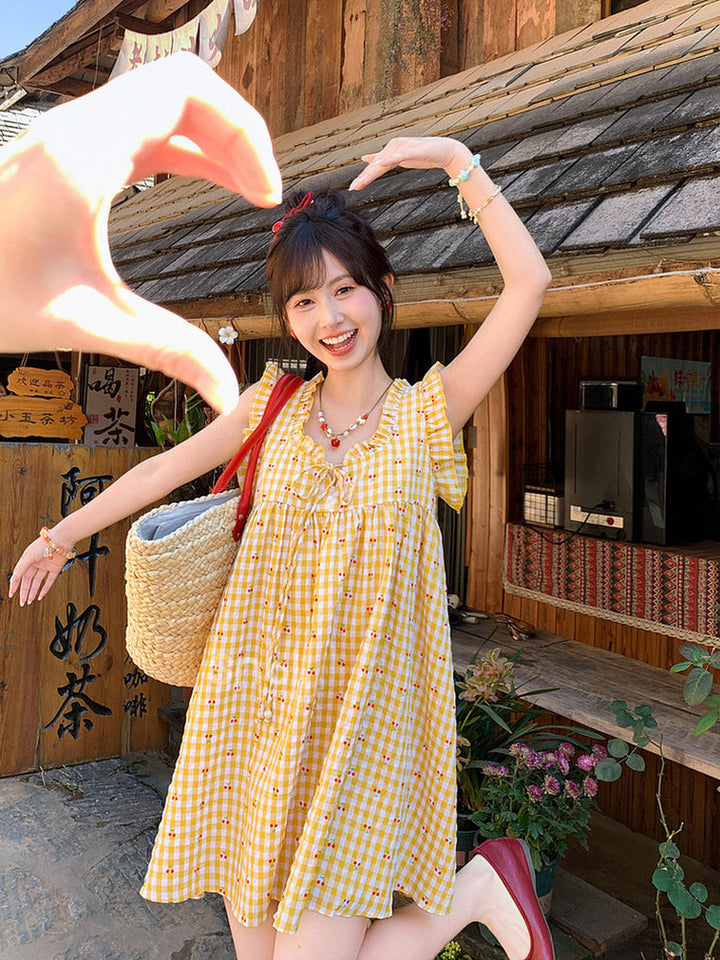 Yellow Cherry Gingham Babydoll Dress