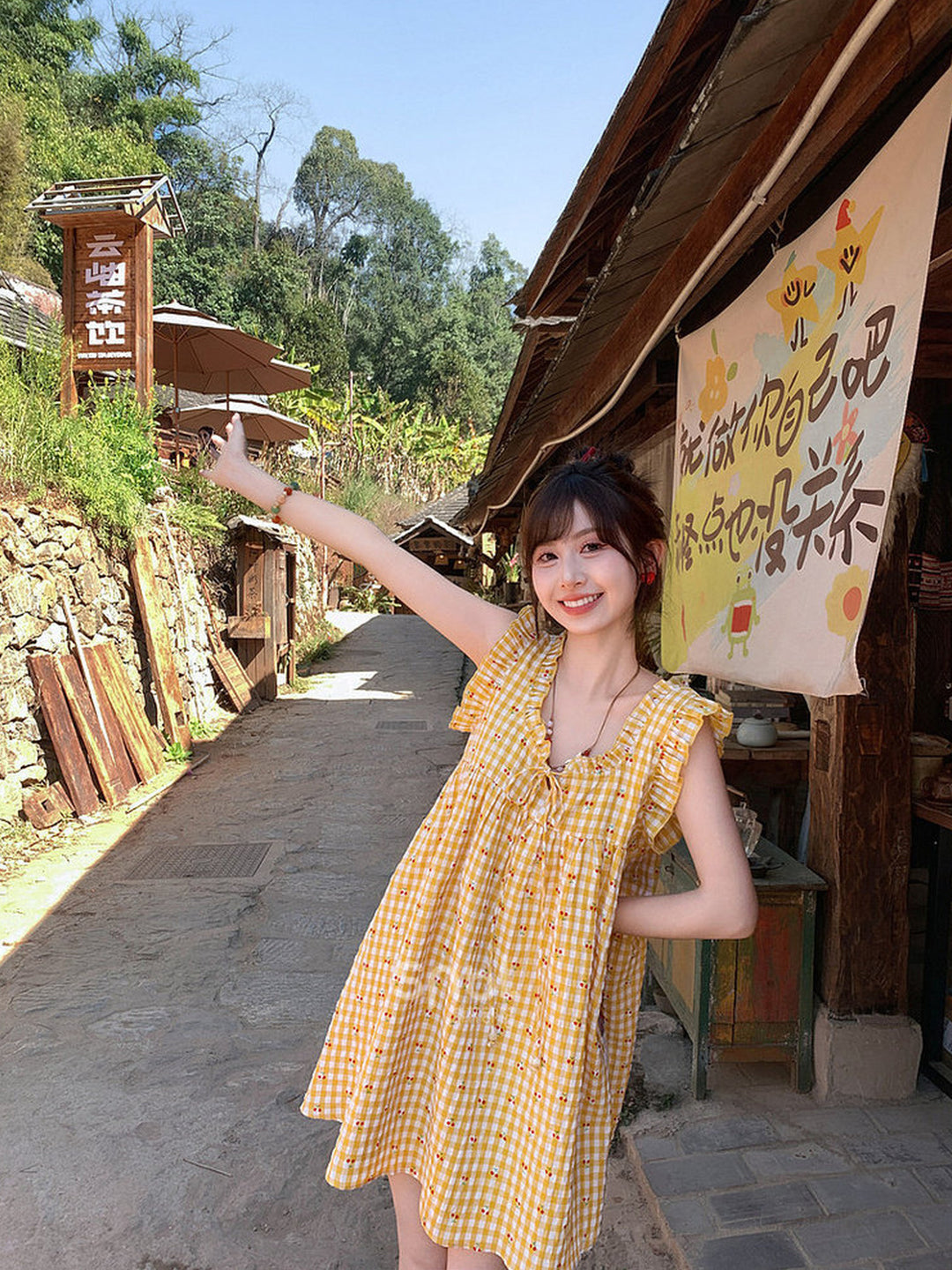 Yellow Cherry Gingham Babydoll Dress