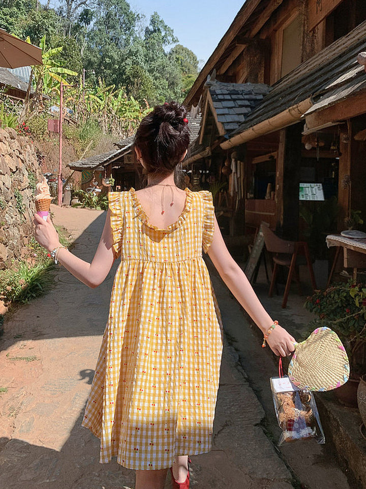 Yellow Cherry Gingham Babydoll Dress