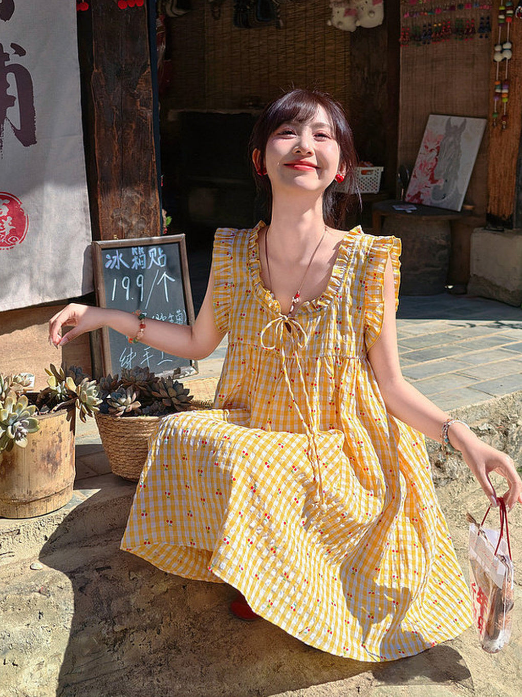 Yellow Cherry Gingham Babydoll Dress