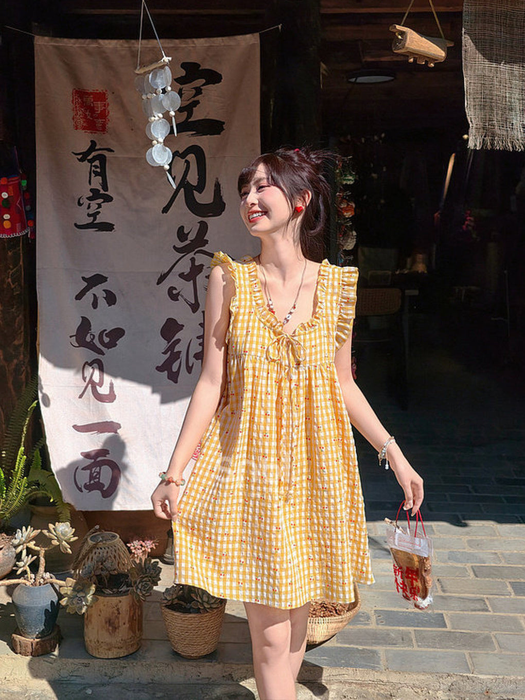 Yellow Cherry Gingham Babydoll Dress