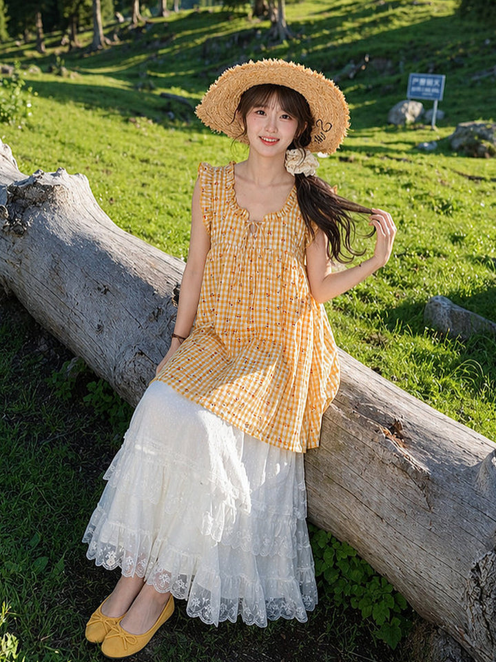 Yellow Cherry Gingham Babydoll Dress