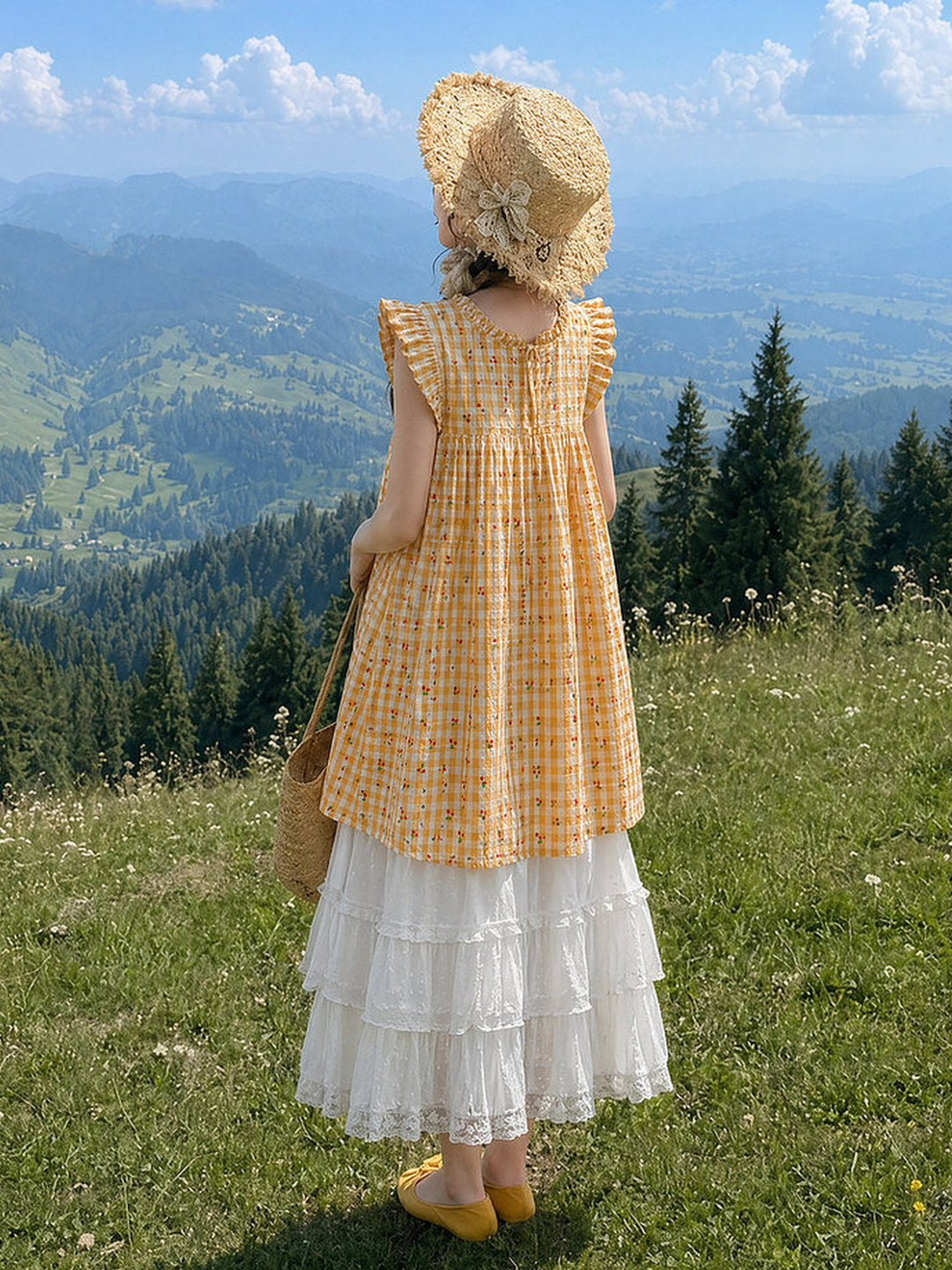 Yellow Cherry Gingham Babydoll Dress