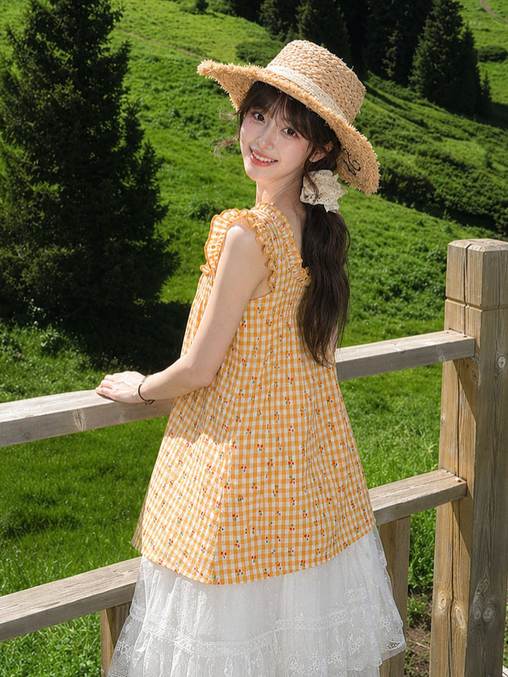 Yellow Cherry Gingham Babydoll Dress