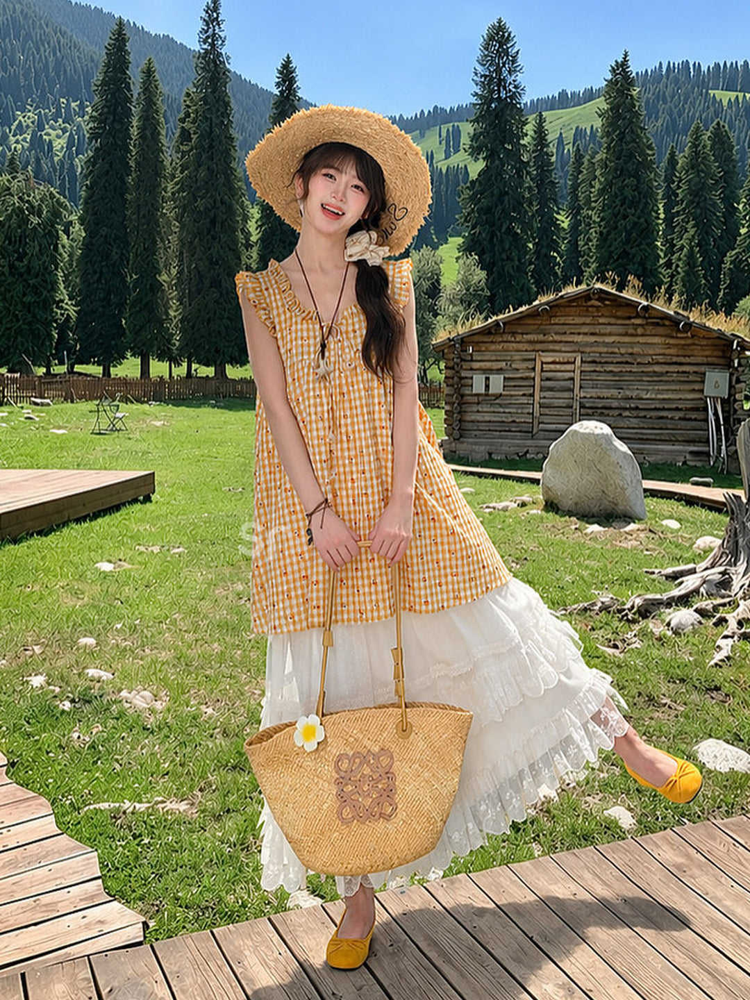 Yellow Cherry Gingham Babydoll Dress