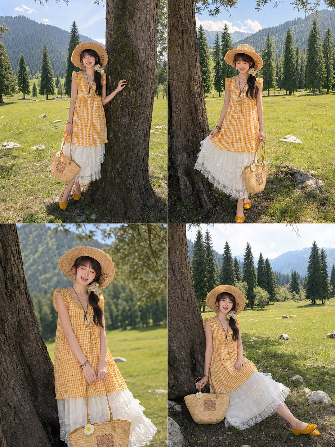 Yellow Cherry Gingham Babydoll Dress