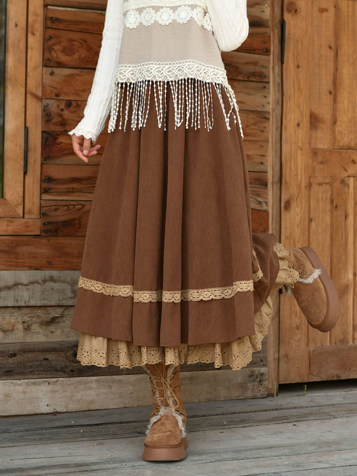 Brown Lace Trim Midi Skirt