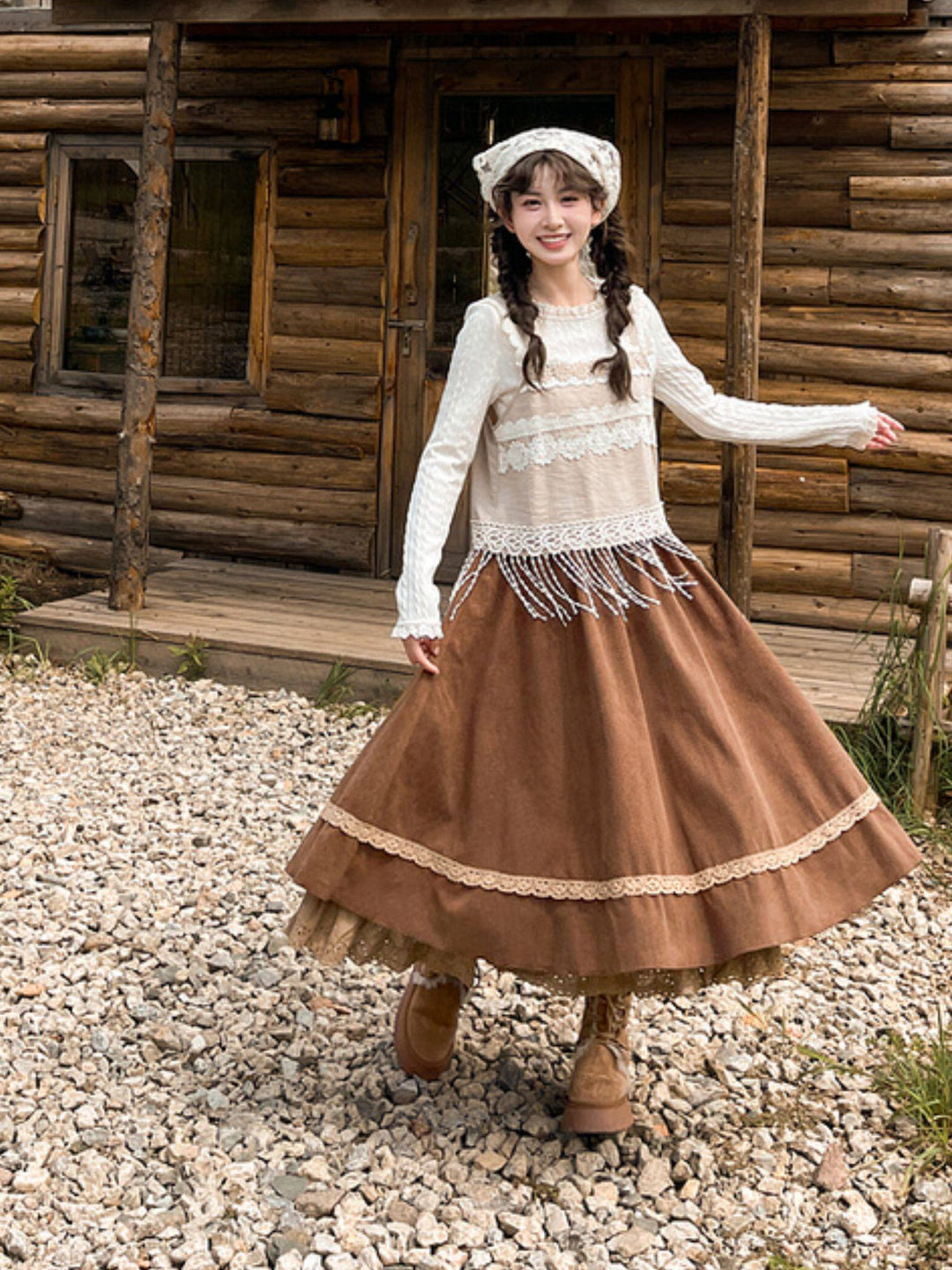 Brown Lace Trim Midi Skirt