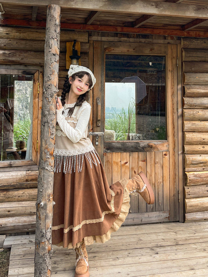 Brown Lace Trim Midi Skirt
