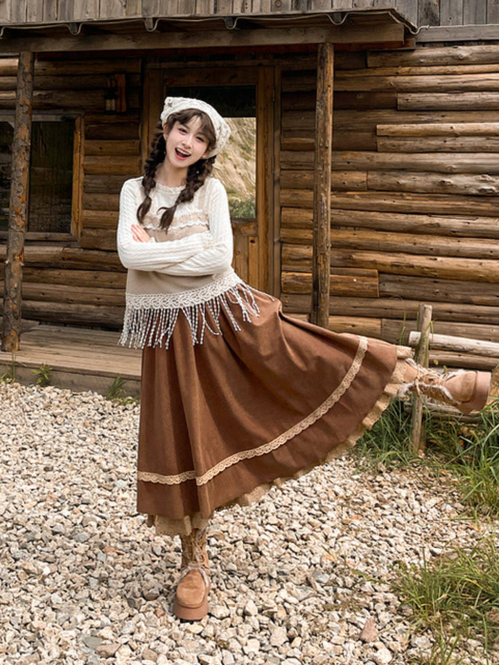 Brown Lace Trim Midi Skirt