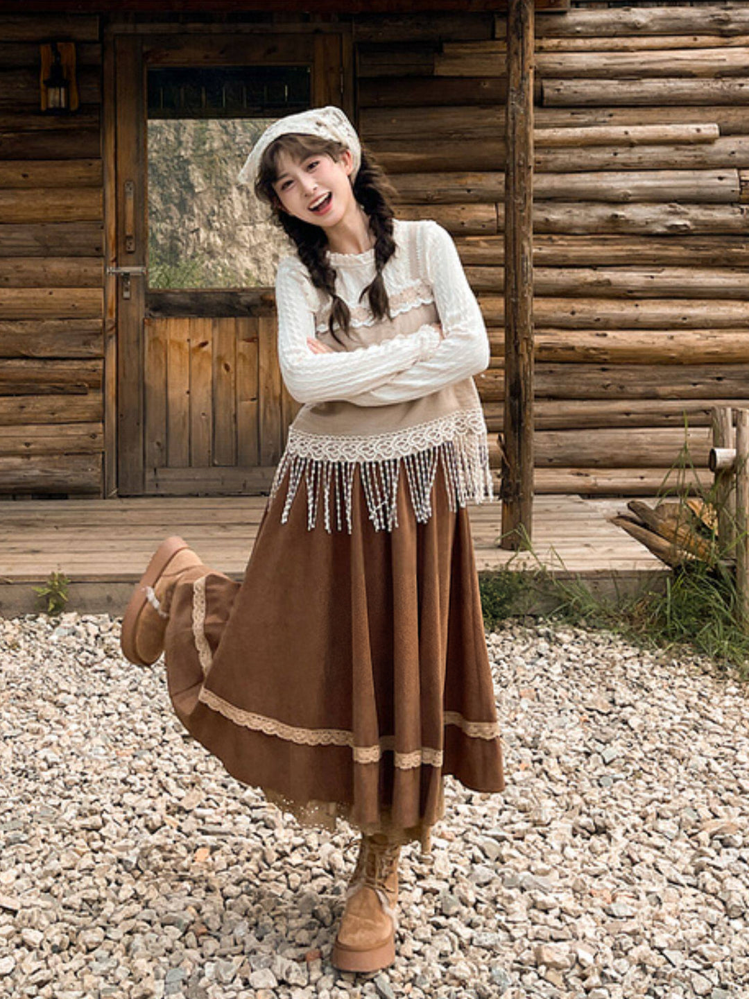 Brown Lace Trim Midi Skirt